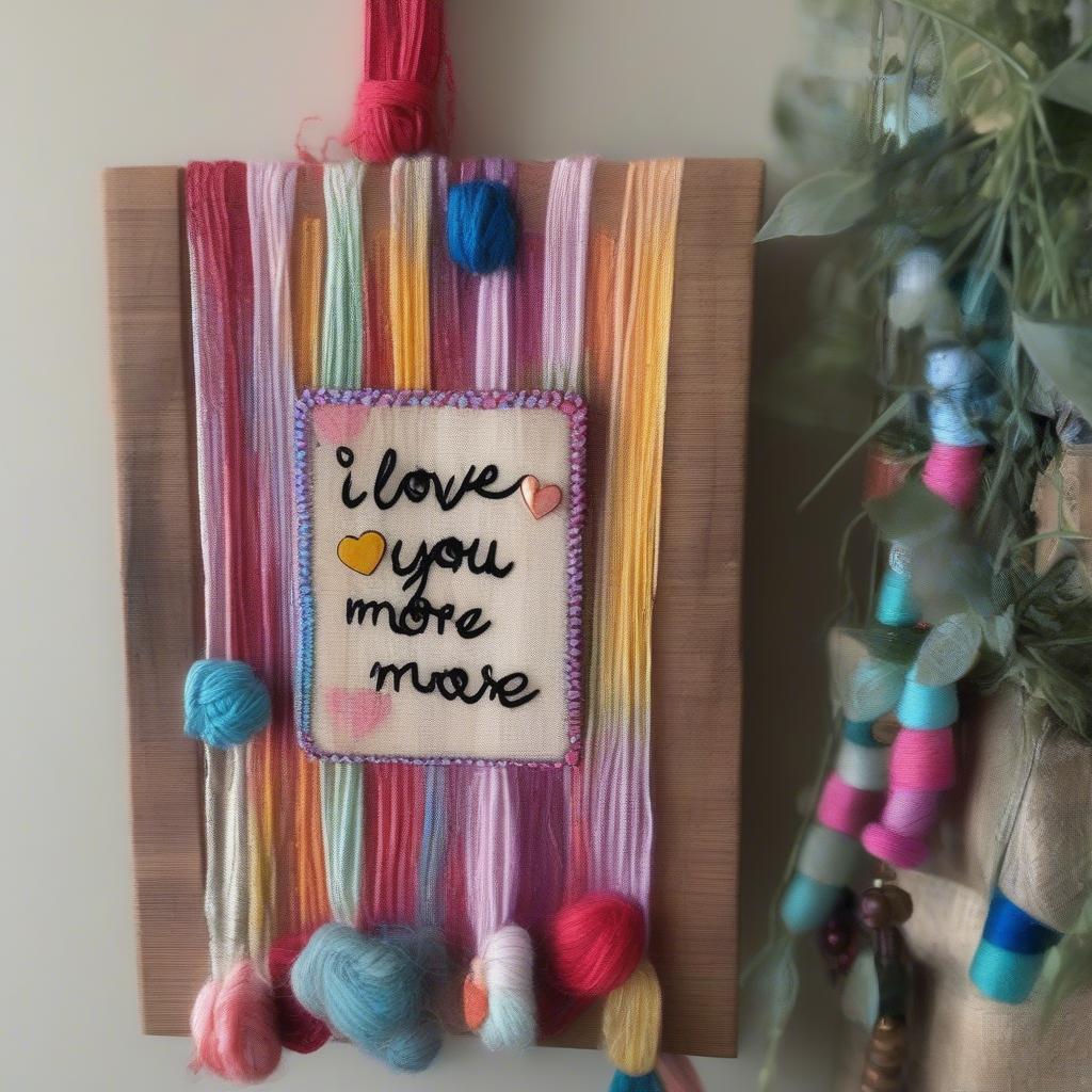 Handmade "I Love You More" wall hanging with colorful yarn and personalized details.