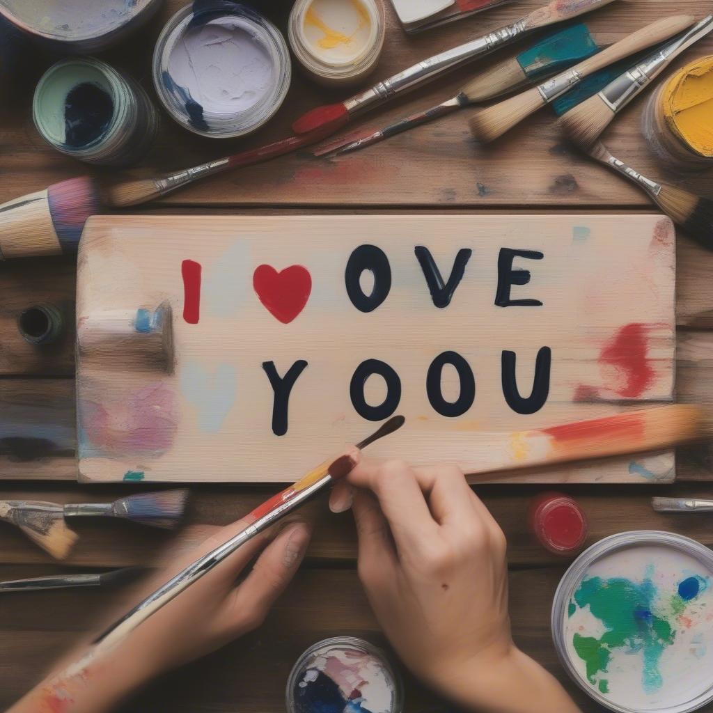 A person working on a DIY "I love you" wooden sign project