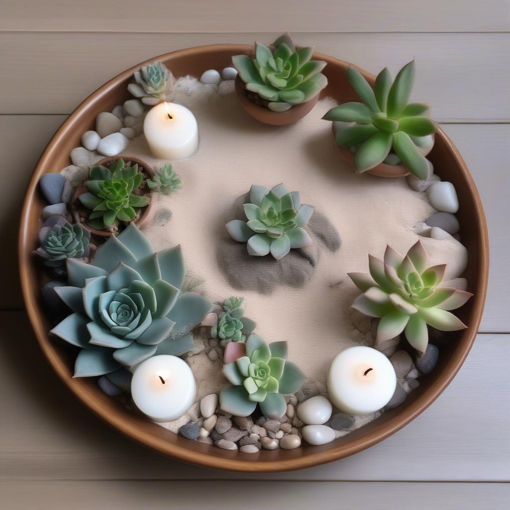 DIY indoor candle garden with succulents and rocks