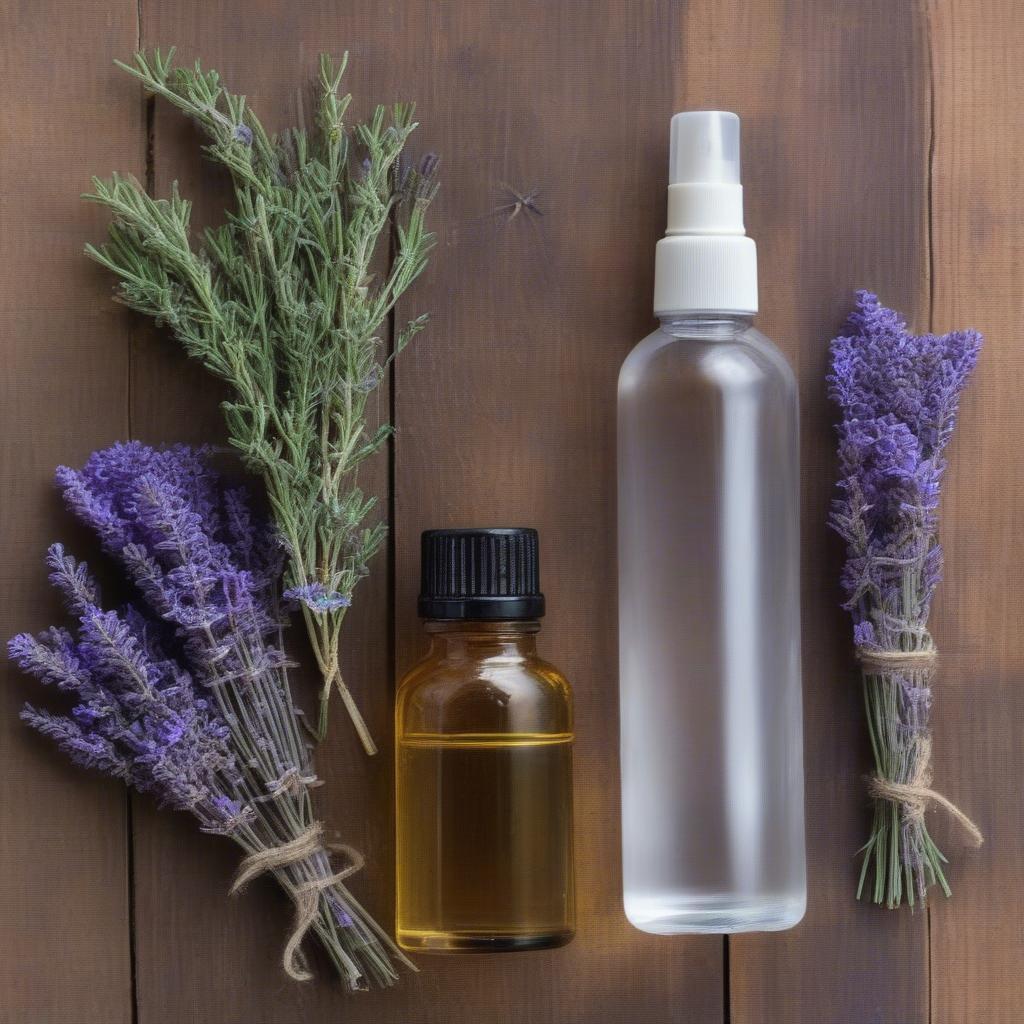 Ingredients for DIY lavender sheet spray: distilled water, essential lavender oil, and a spray bottle.