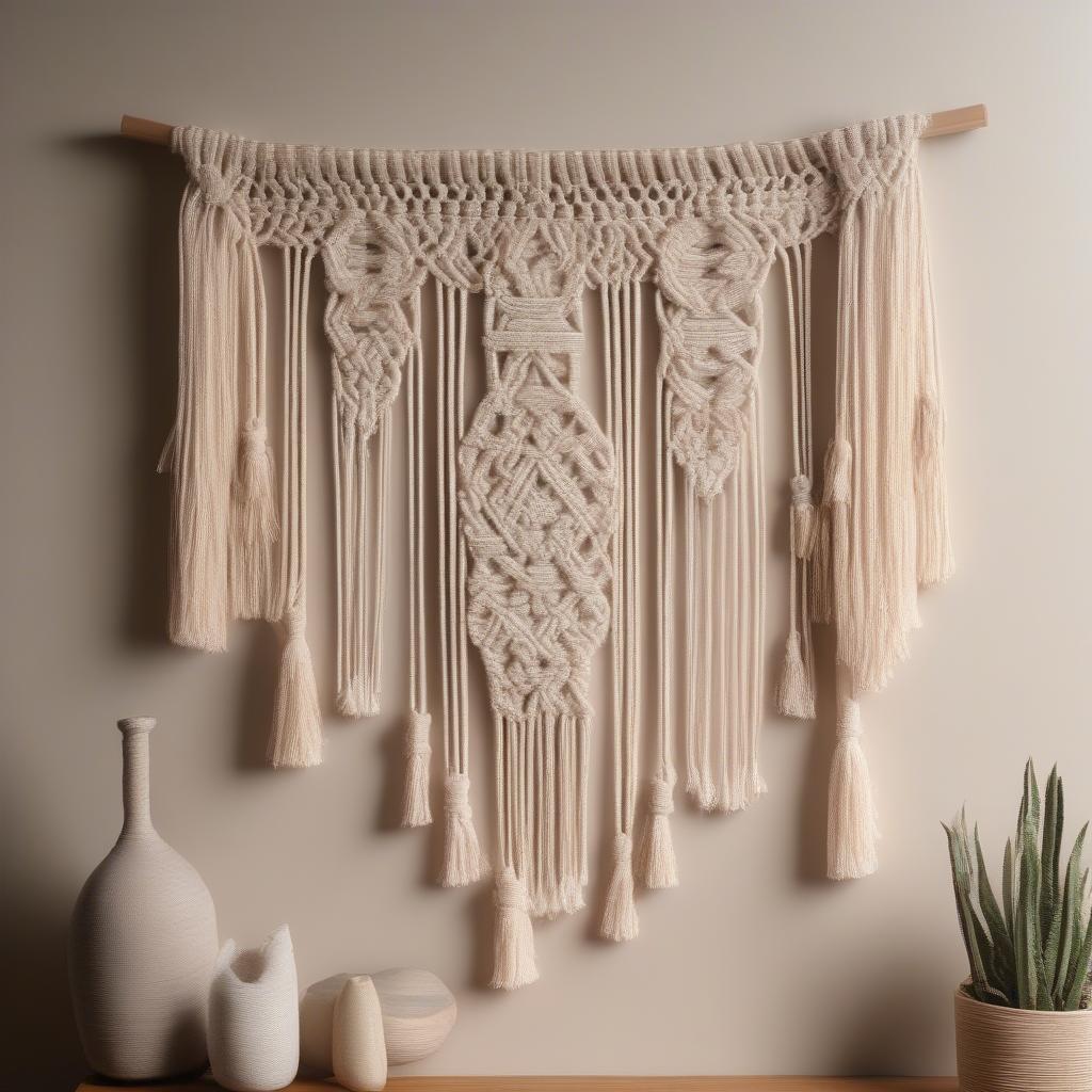 DIY macrame wall hanging adding a bohemian touch to a small apartment living room.