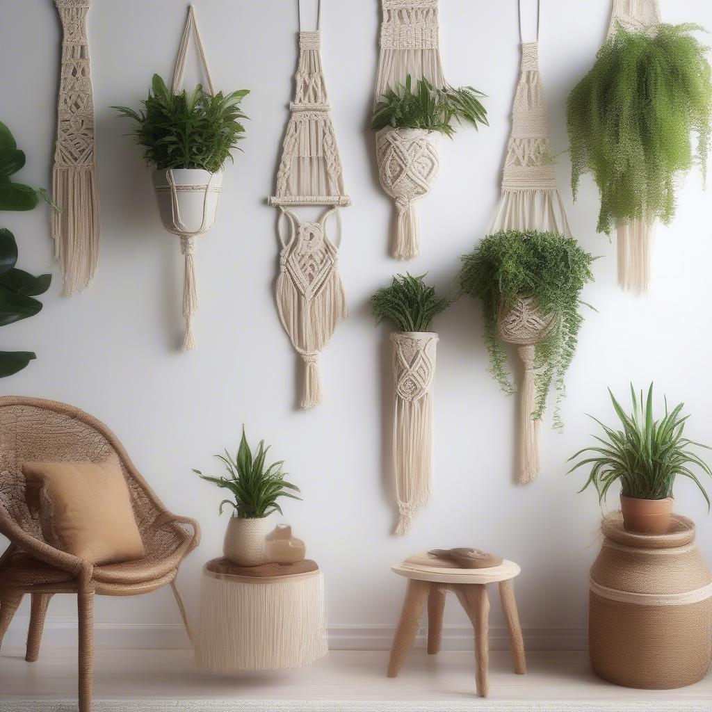 DIY macrame wall hanging incorporating small potted plants.