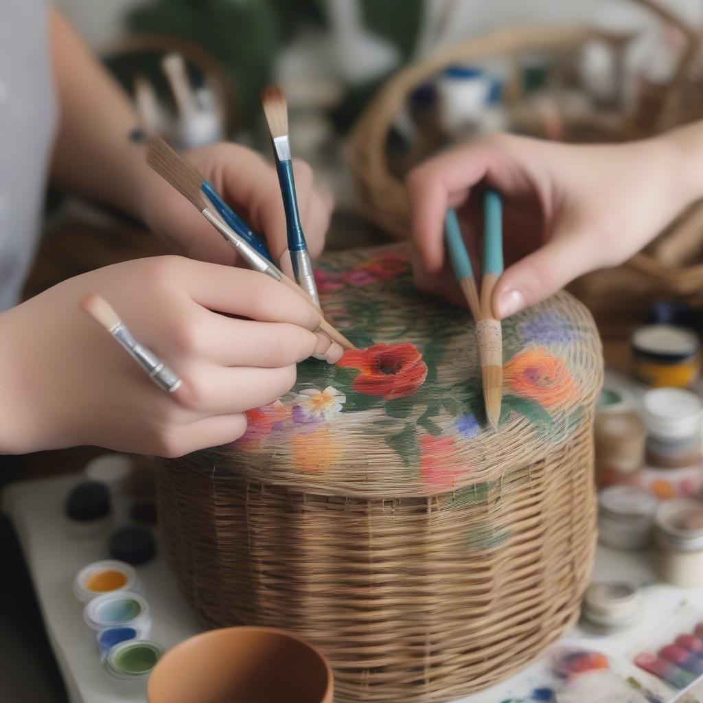 DIY Hand-painted Floral Wicker Basket Project