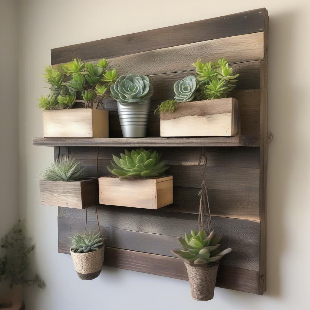 DIY Pallet Wall Stand Rustic Decor: A rustic wall stand crafted from reclaimed pallet wood, adorned with potted plants and decorative objects in a rustic-themed room.