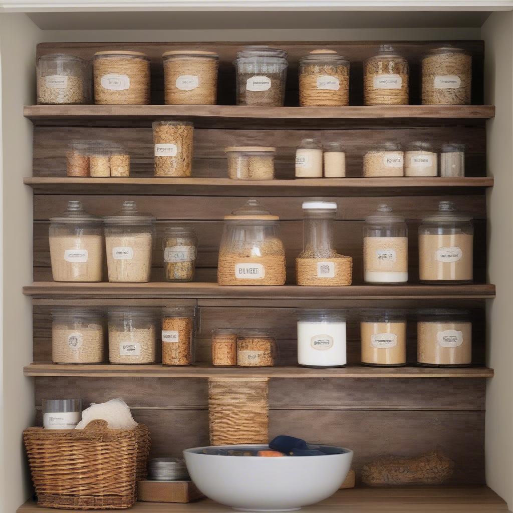 DIY pantry wall decor using repurposed materials and wicker elements