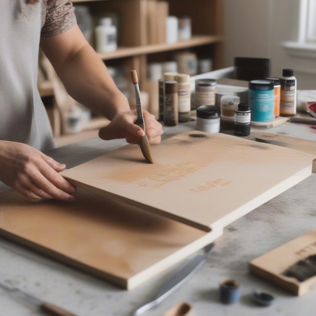 A person creating a personalized wood sign using stencils and paint.