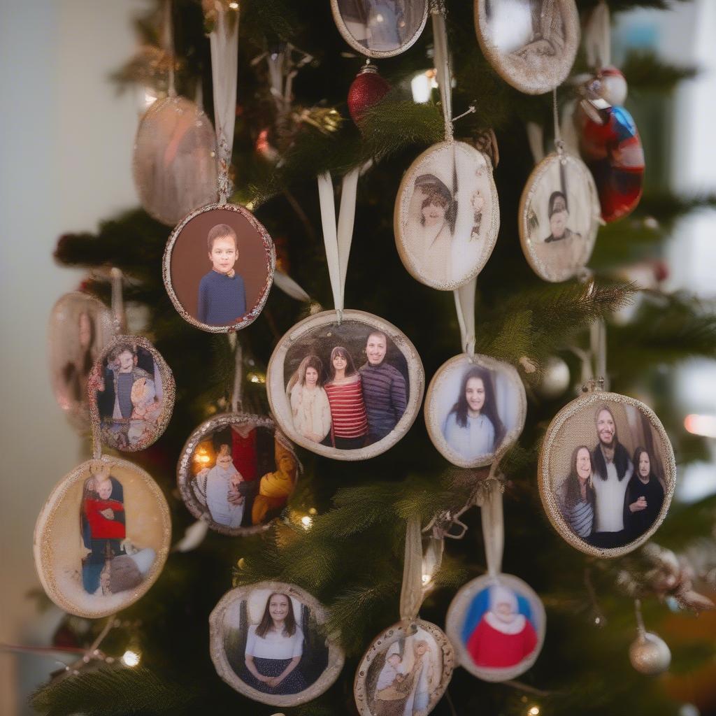 DIY Photo Ornaments Hanging on a Christmas Tree