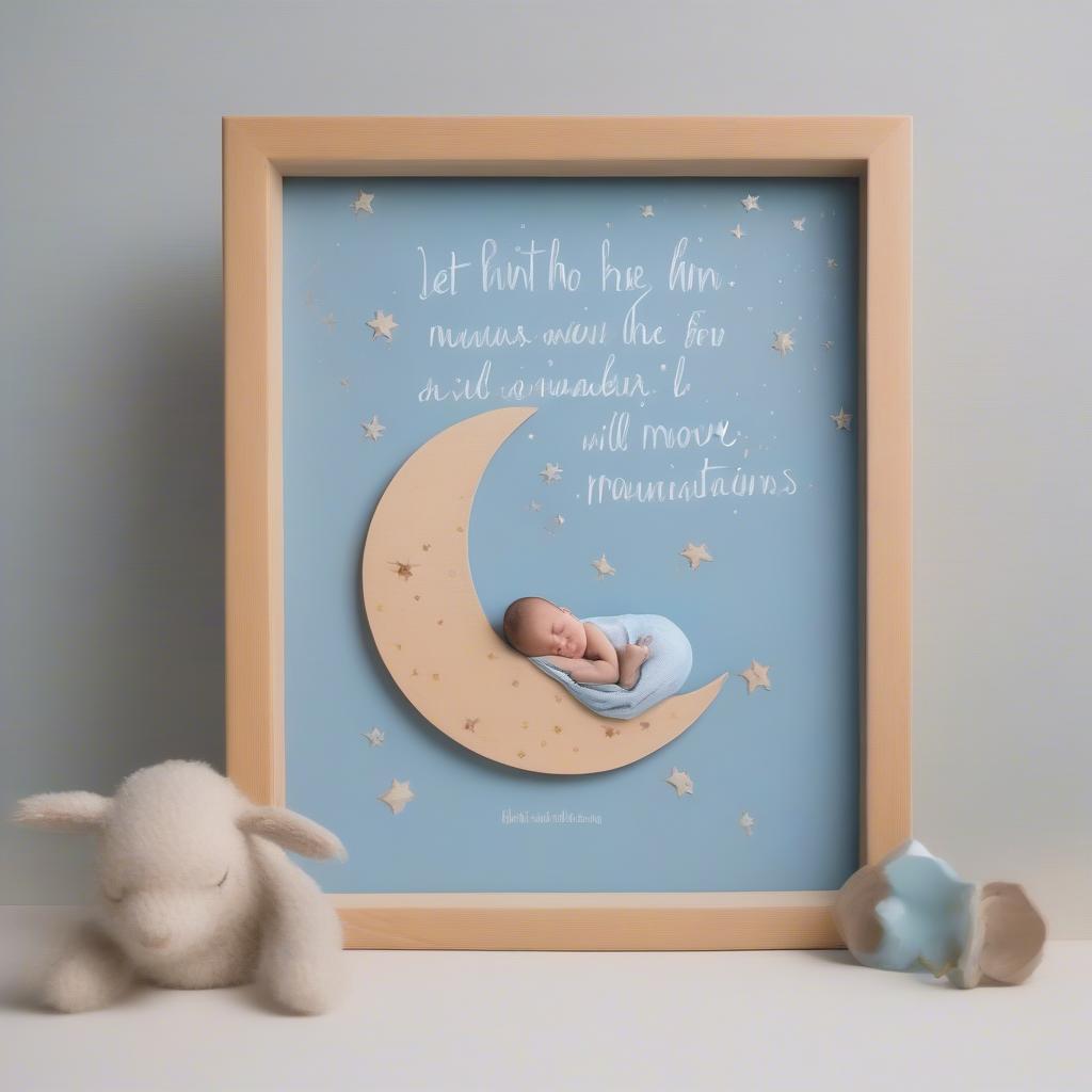 A handcrafted picture frame with a quote about newborns, adorned with baby-themed embellishments, surrounding a photo of a sleeping baby.