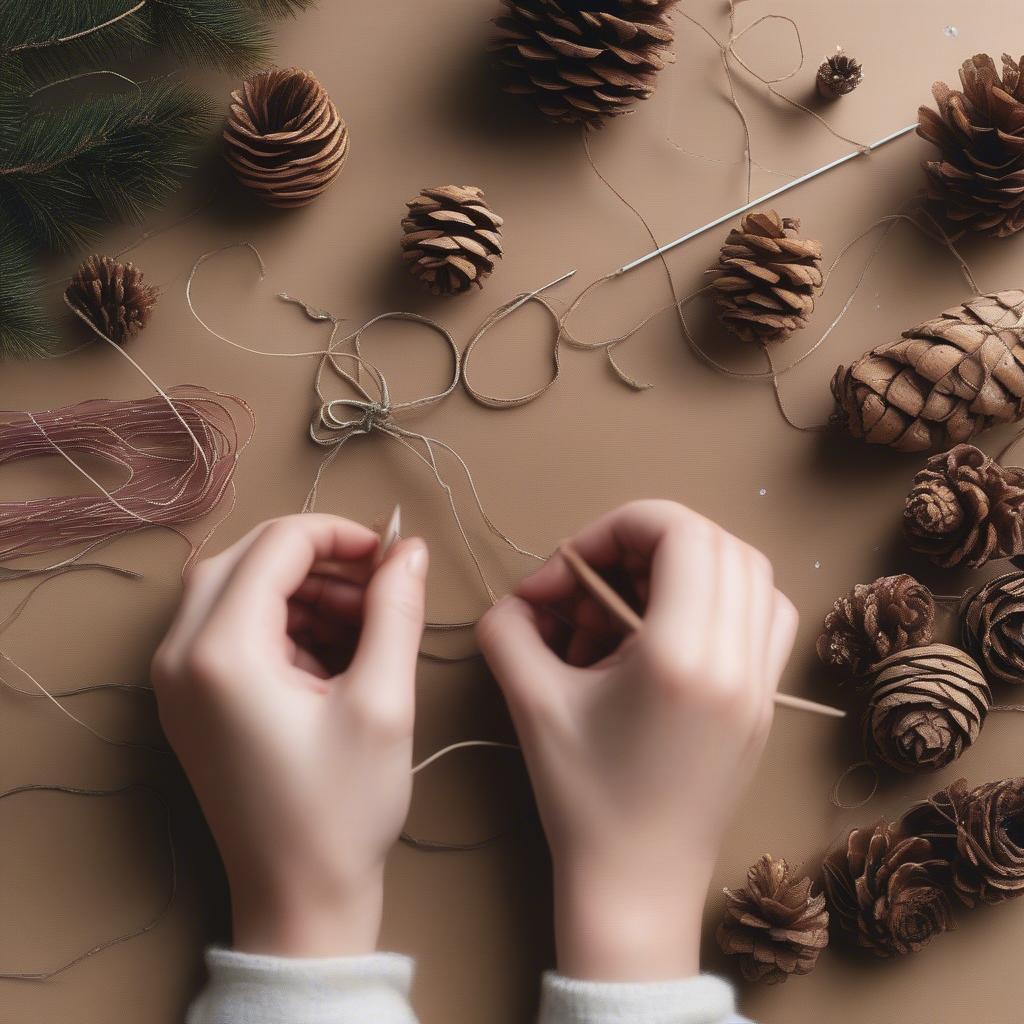 Making a DIY pine cone garland