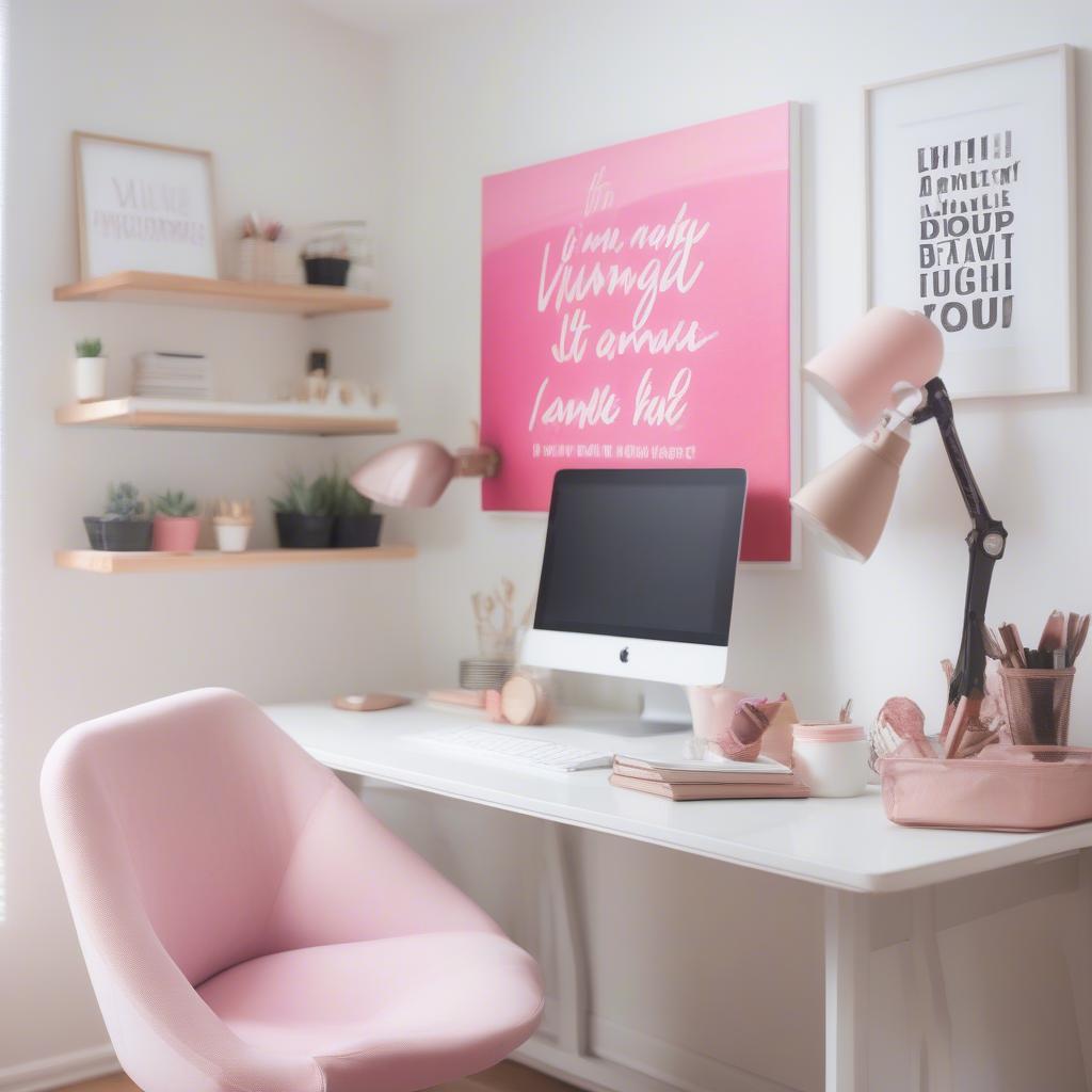 DIY pink wall art in an office setting with a motivational quote