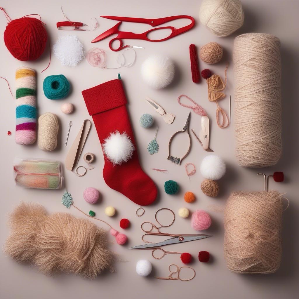 A DIY pom pom stocking kit laid out on a table, showcasing all the necessary materials and tools.