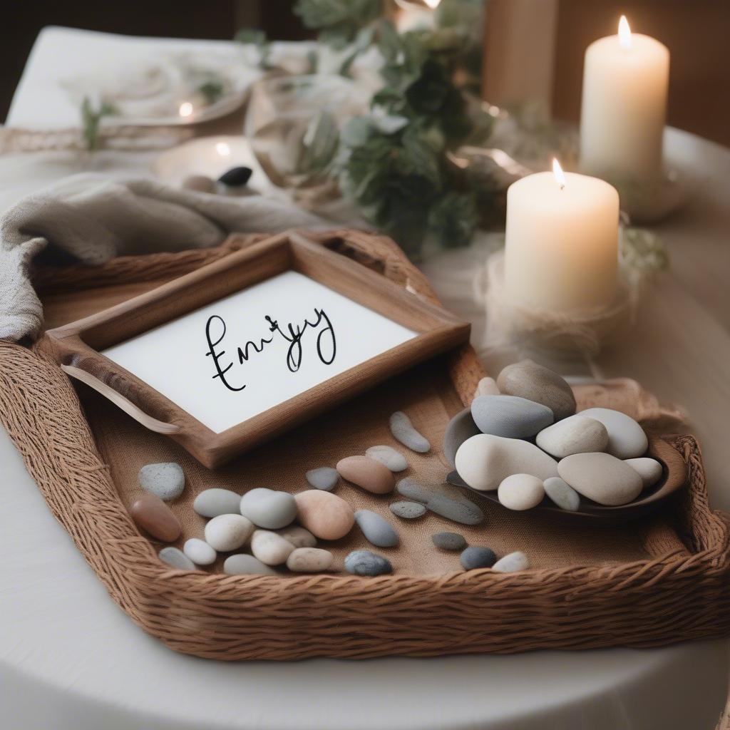 A DIY script sign project on a wicker serving tray, adding a personalized touch.