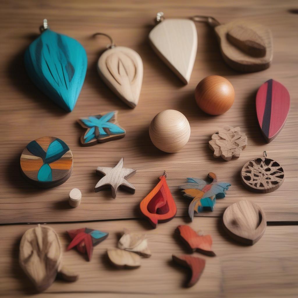 DIY Small Wood Projects: A collection of handmade wooden ornaments, showcasing various shapes and designs.