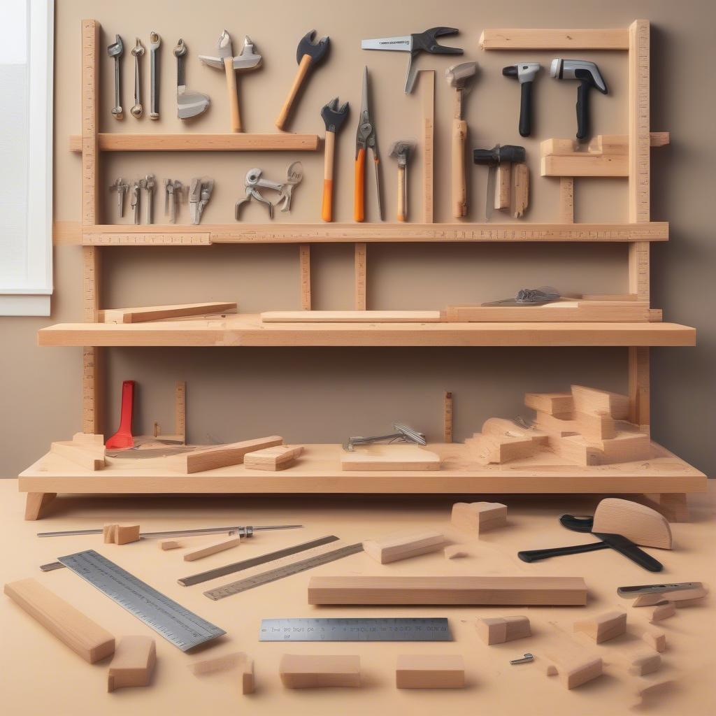 DIY small wood shelves construction process with tools and materials.