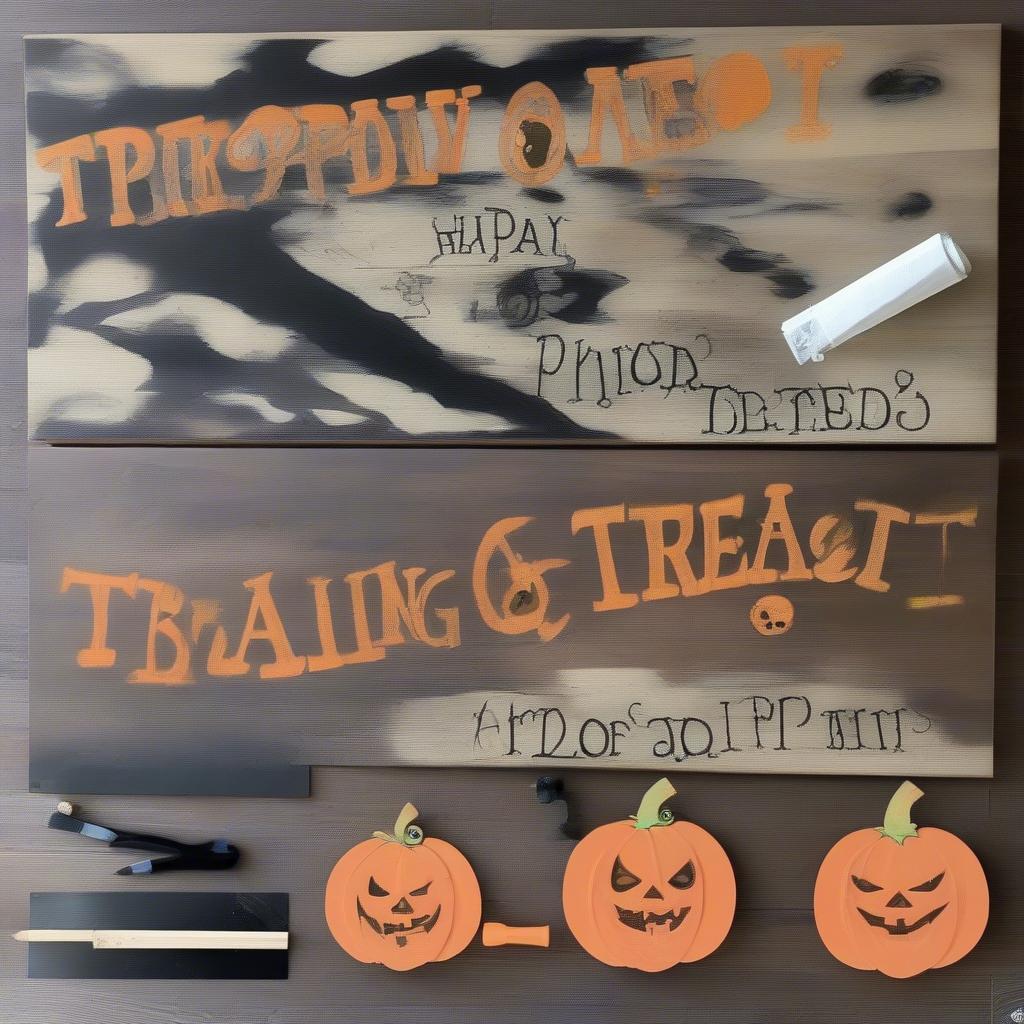 Step-by-step process of creating a DIY trick or treat wooden sign, including materials and tools.