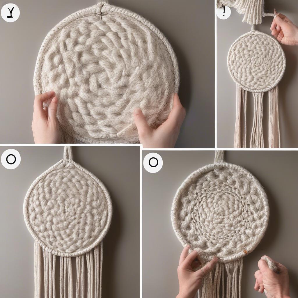 DIY wall hanging circle made from yarn using macrame technique