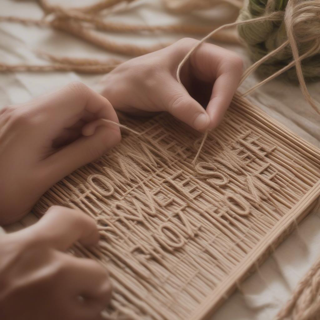 Creating a DIY wall hanging phrase using rattan and natural fibers.