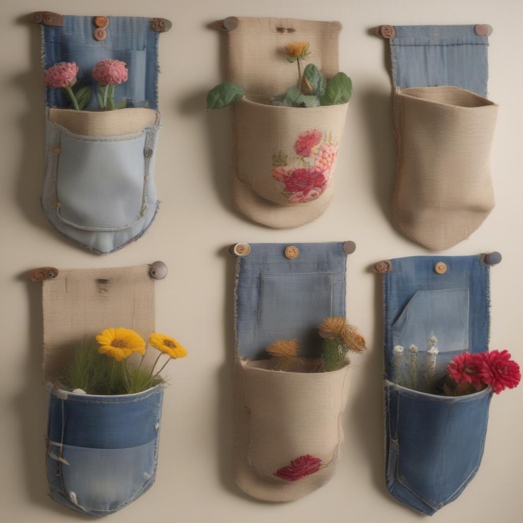 DIY wall pockets made from repurposed materials like old jeans and fabric scraps.