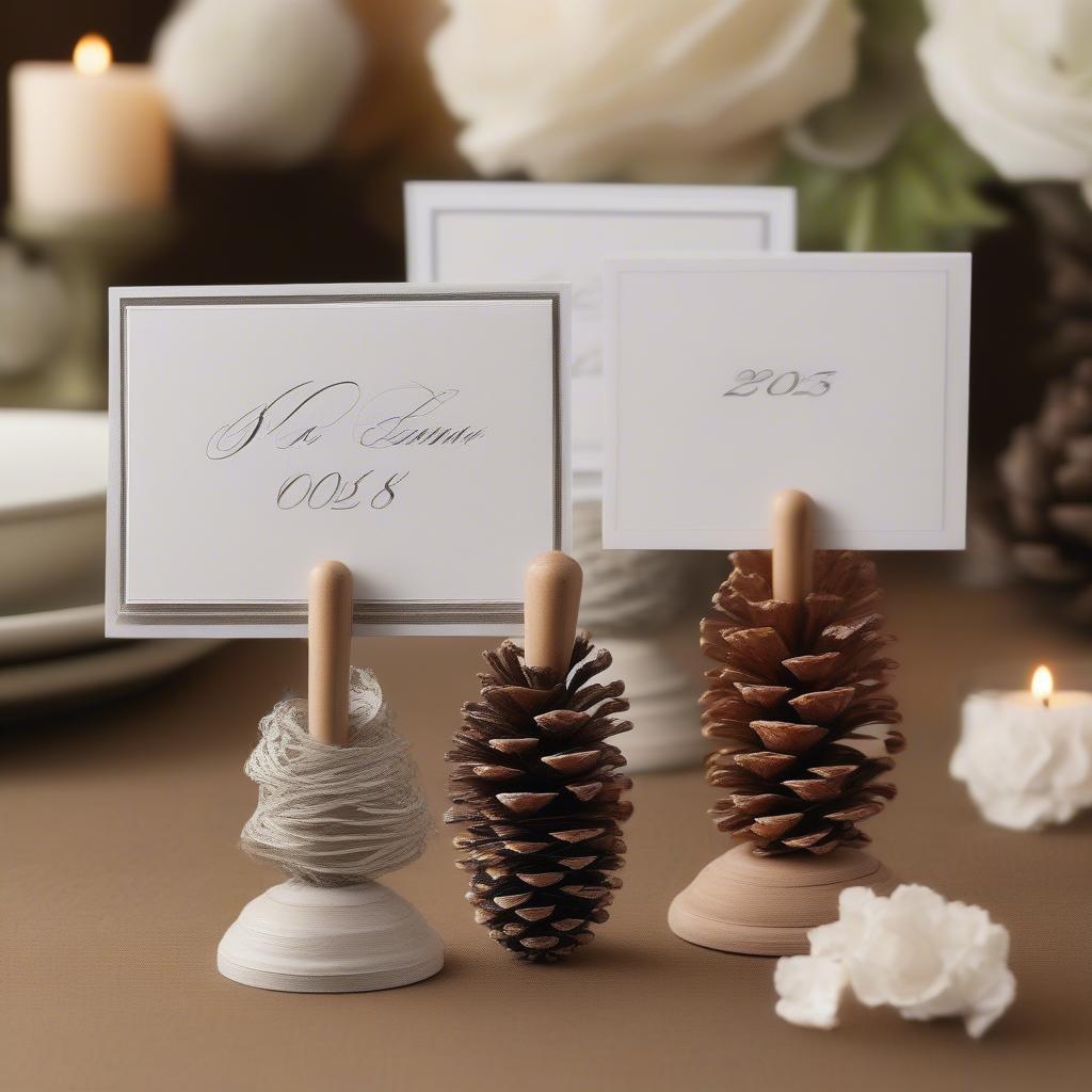 DIY wedding table card holders made from painted pinecones and miniature easels.