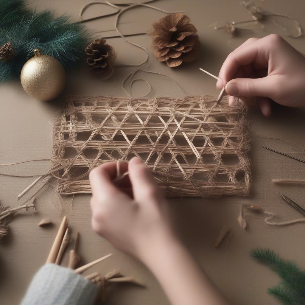 A person crafting a DIY wicker Christmas decoration with the phrase "filthy animal".