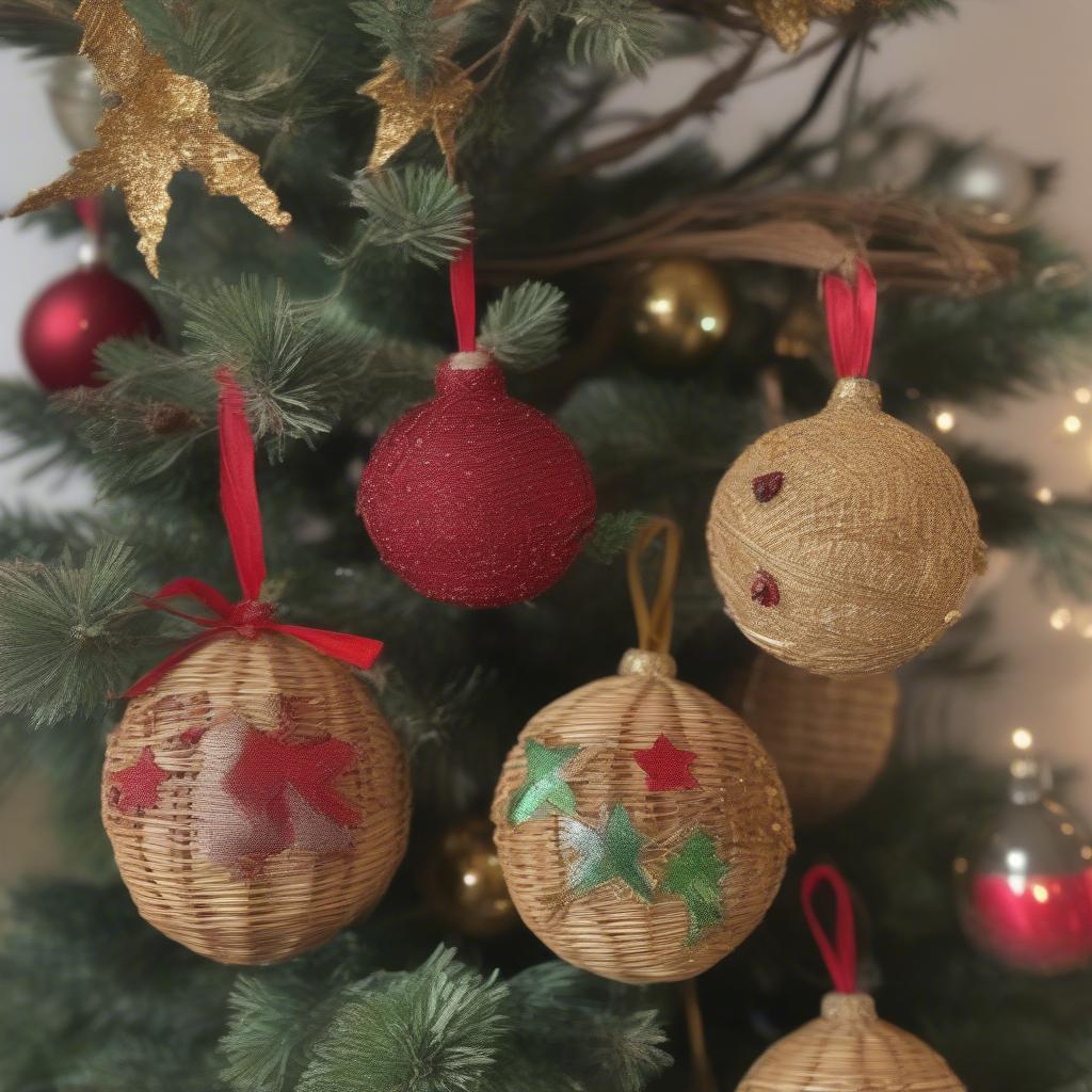 Handmade wicker Christmas ornaments decorated with paint, glitter, and dried flowers.