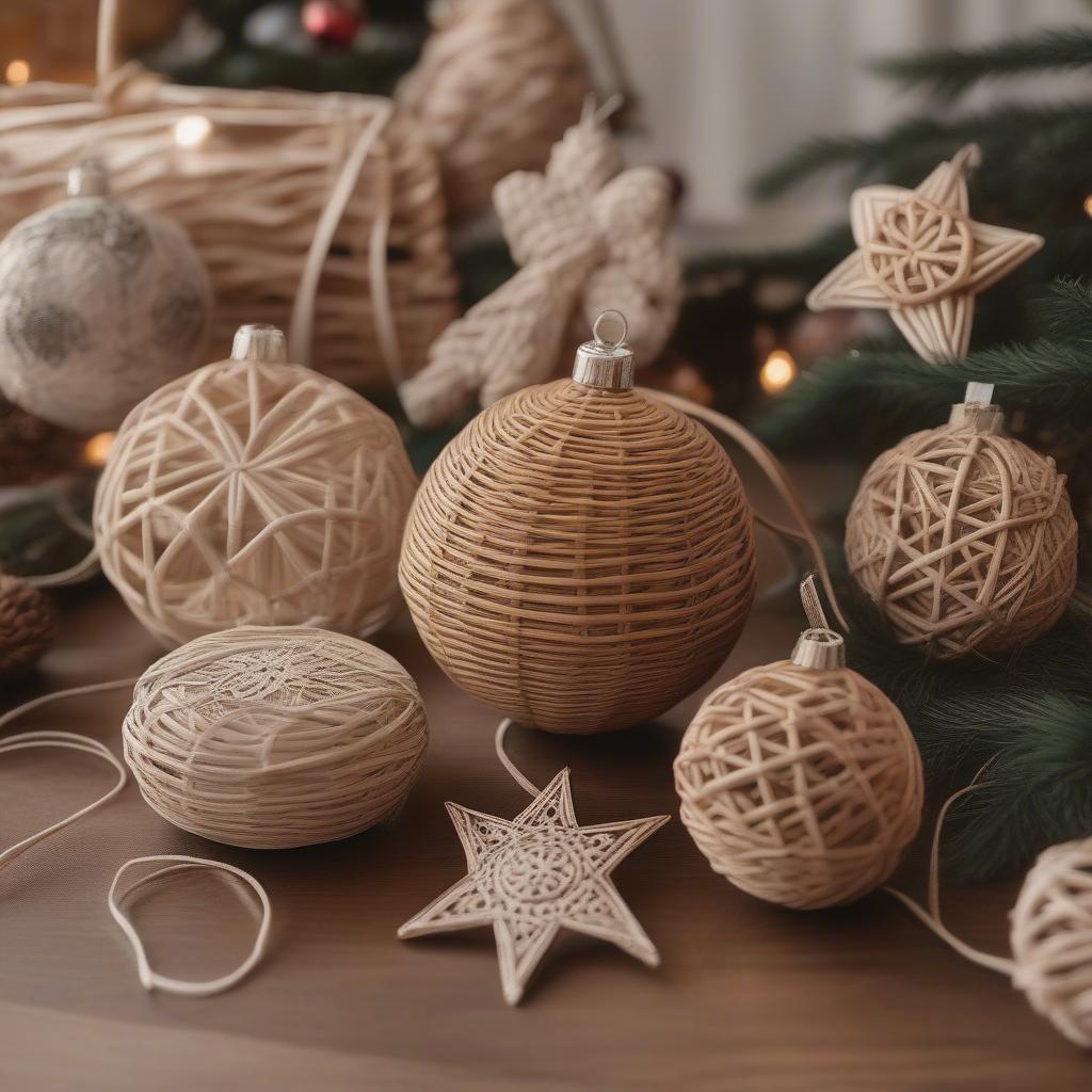 Handmade wicker and rattan Christmas ornaments.