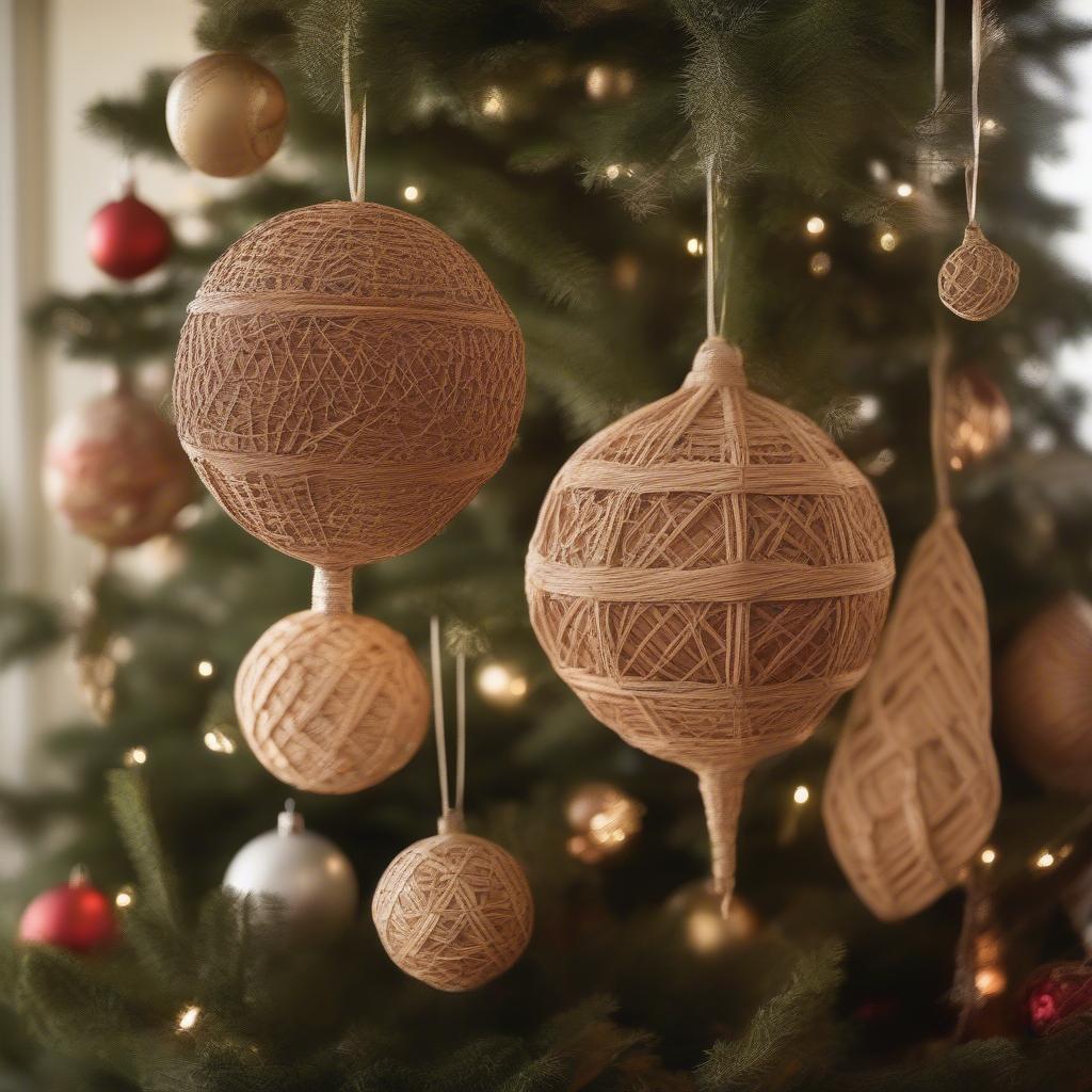 Handmade wicker Christmas ornaments hanging on a Christmas tree.