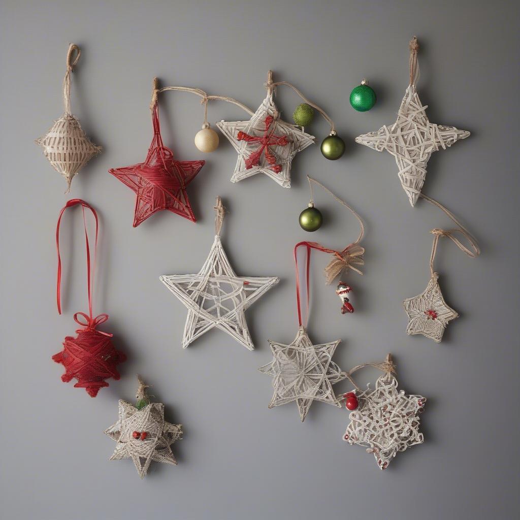 DIY wicker Christmas ornaments hanging on a wall.