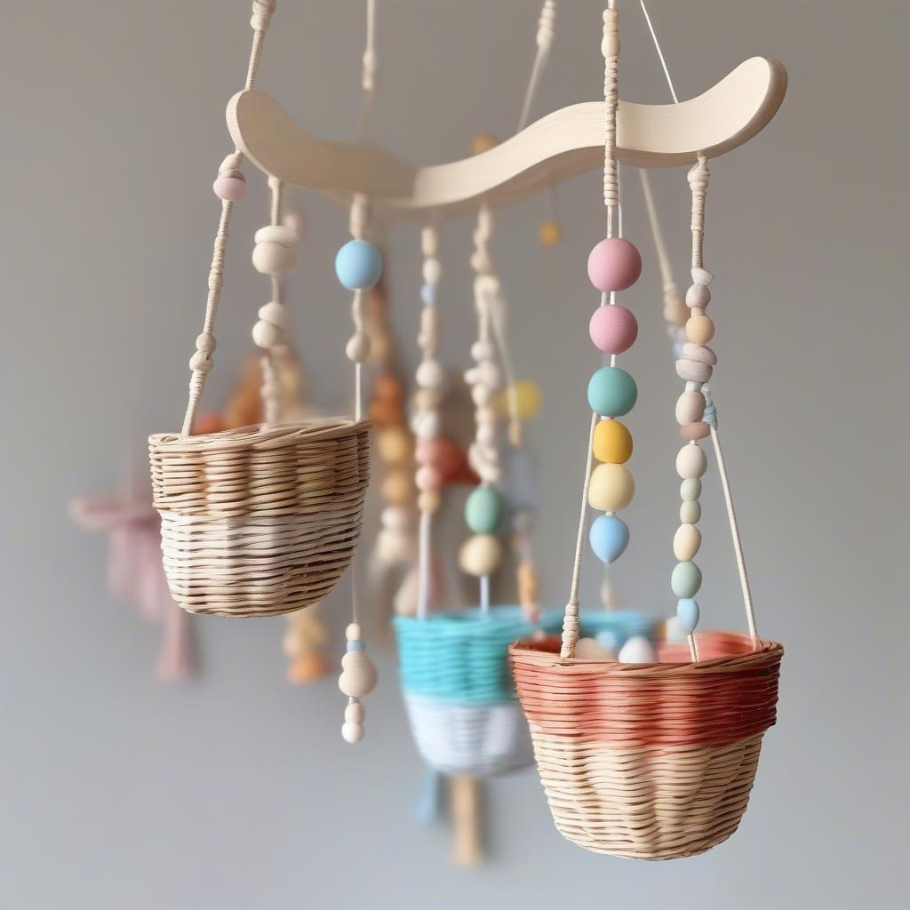 DIY Wicker Mobile Nursery Wall Decor: A handmade mobile featuring small wicker baskets hanging from a wooden dowel, adding a touch of whimsy to the nursery.