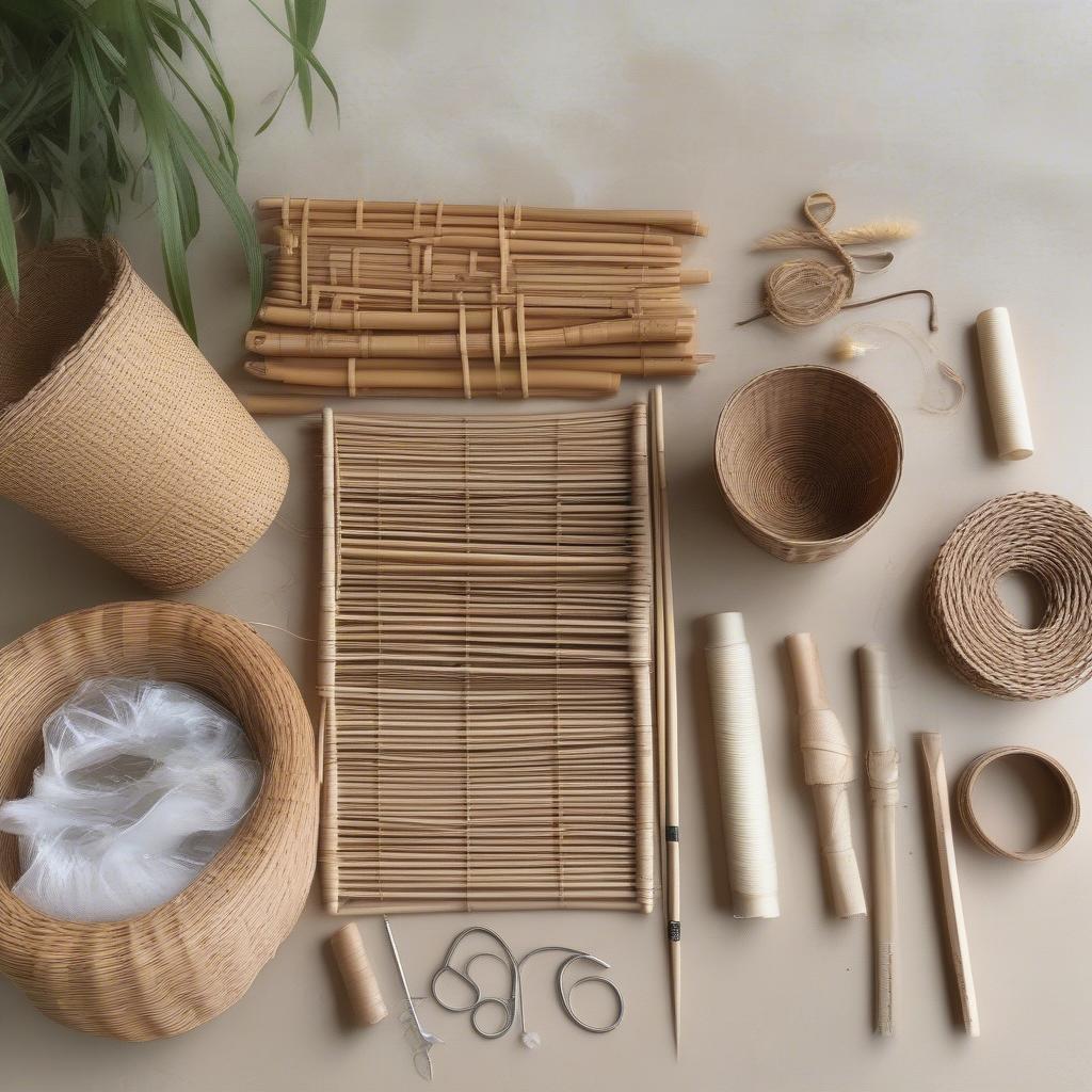 Essential tools and materials for crafting DIY wicker and rattan wall art projects.