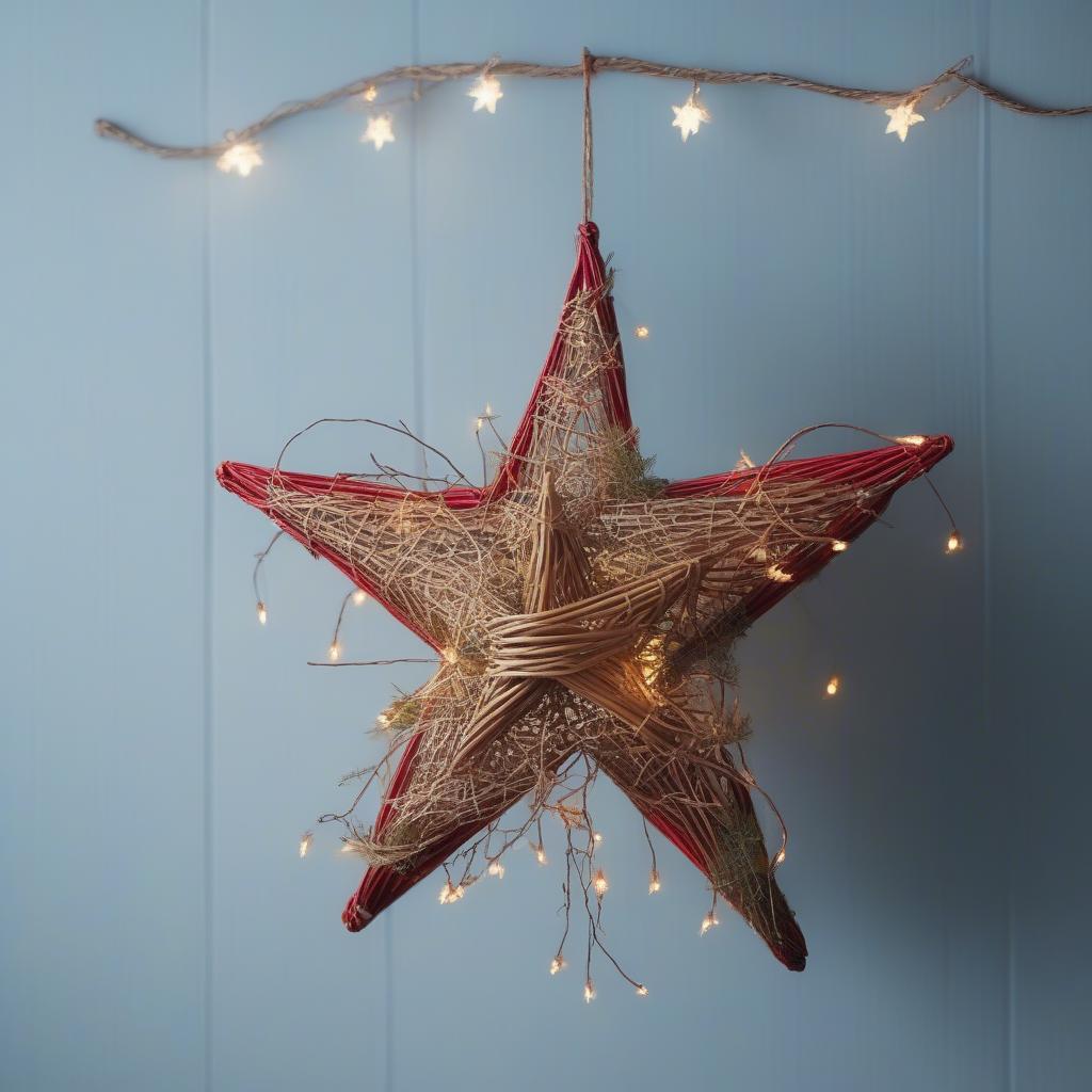 DIY wicker star holiday wall decor embellished with red berries and pine cones brings a handmade touch to festive decor.