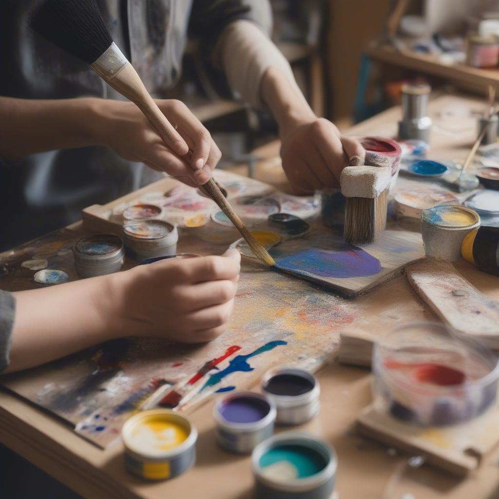 A person painting a personalized design onto a wooden sign using stencils and paintbrushes, demonstrating the DIY process.