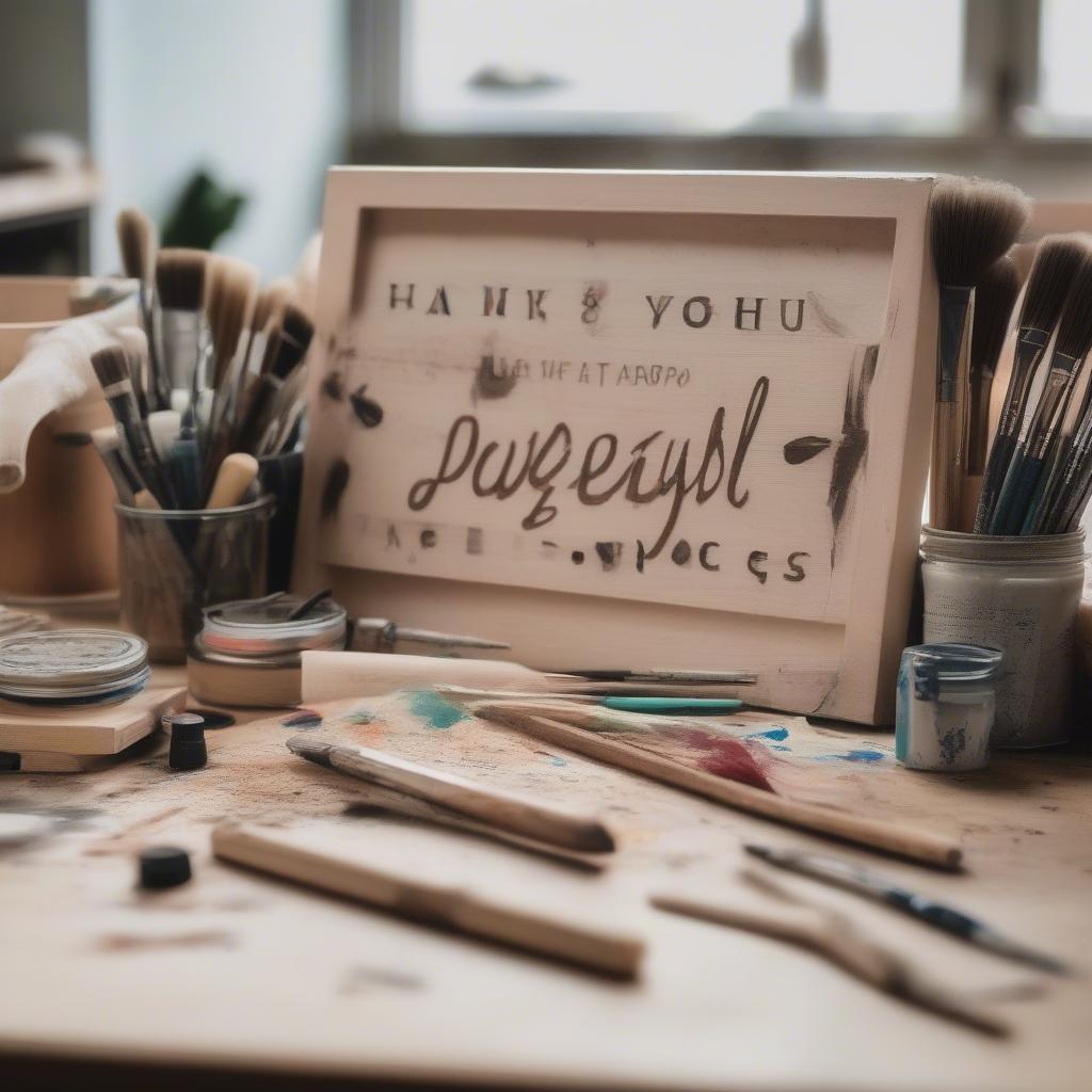 DIY wood sign quote project in progress in a workshop setting.