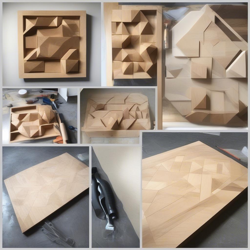 DIY wood wall art with a geometric design, showing the process of creating a unique piece