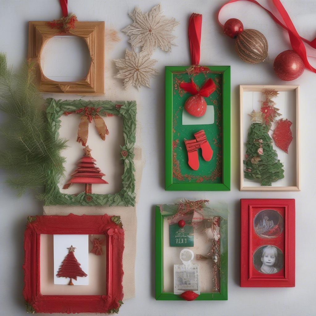 DIY wooden frame ornaments in various designs, including painted, glittered, and decoupaged styles.