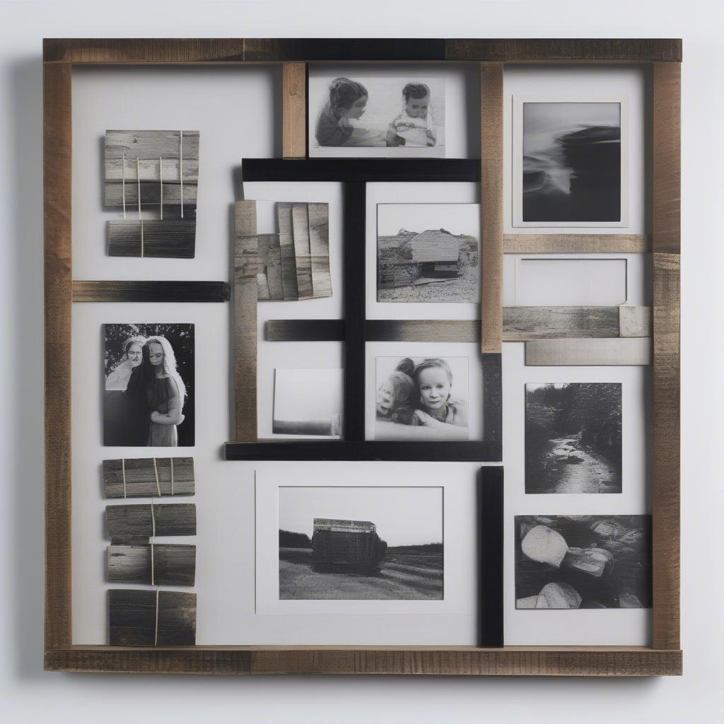 A DIY wooden photo collage crafted from reclaimed pallet wood, showcasing black and white photos.