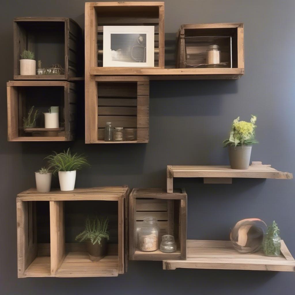 A DIY wooden shelf made from repurposed crates adds a rustic touch to a wall.