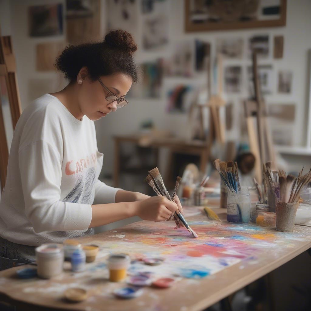 Person painting a DIY wooden sign with inspirational quote, using stencils and brushes.