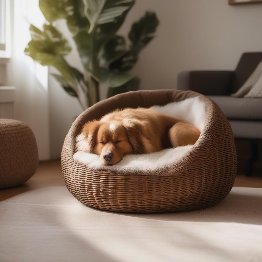 A dog relaxing in a cozy wicker dog bed