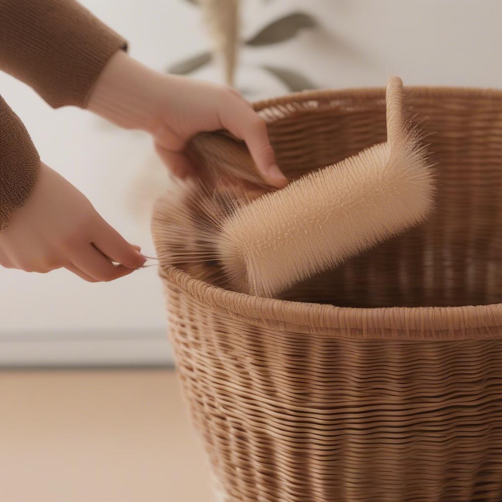 Dusting a wicker basket with a soft brush