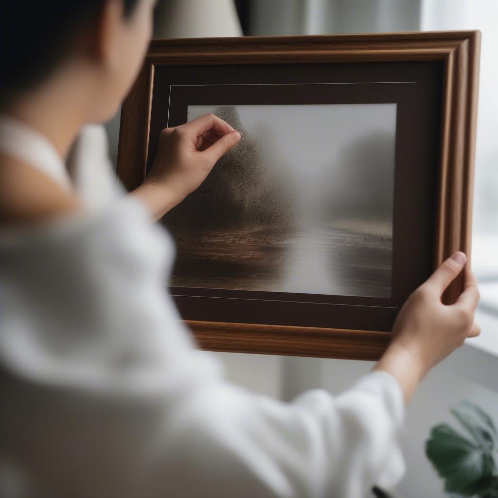 A person gently dusting a wood framed photo with a soft cloth