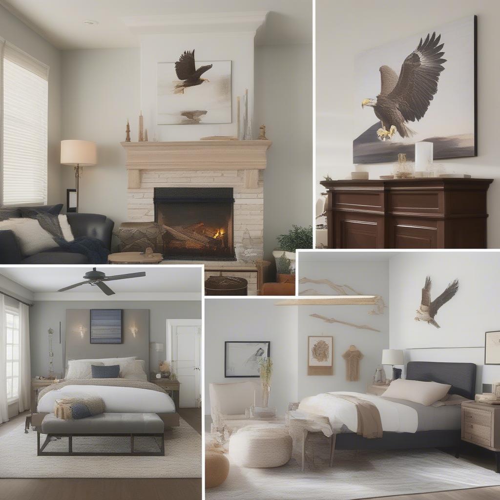 Different rooms showcasing eagle wall decorations, illustrating various placement ideas.