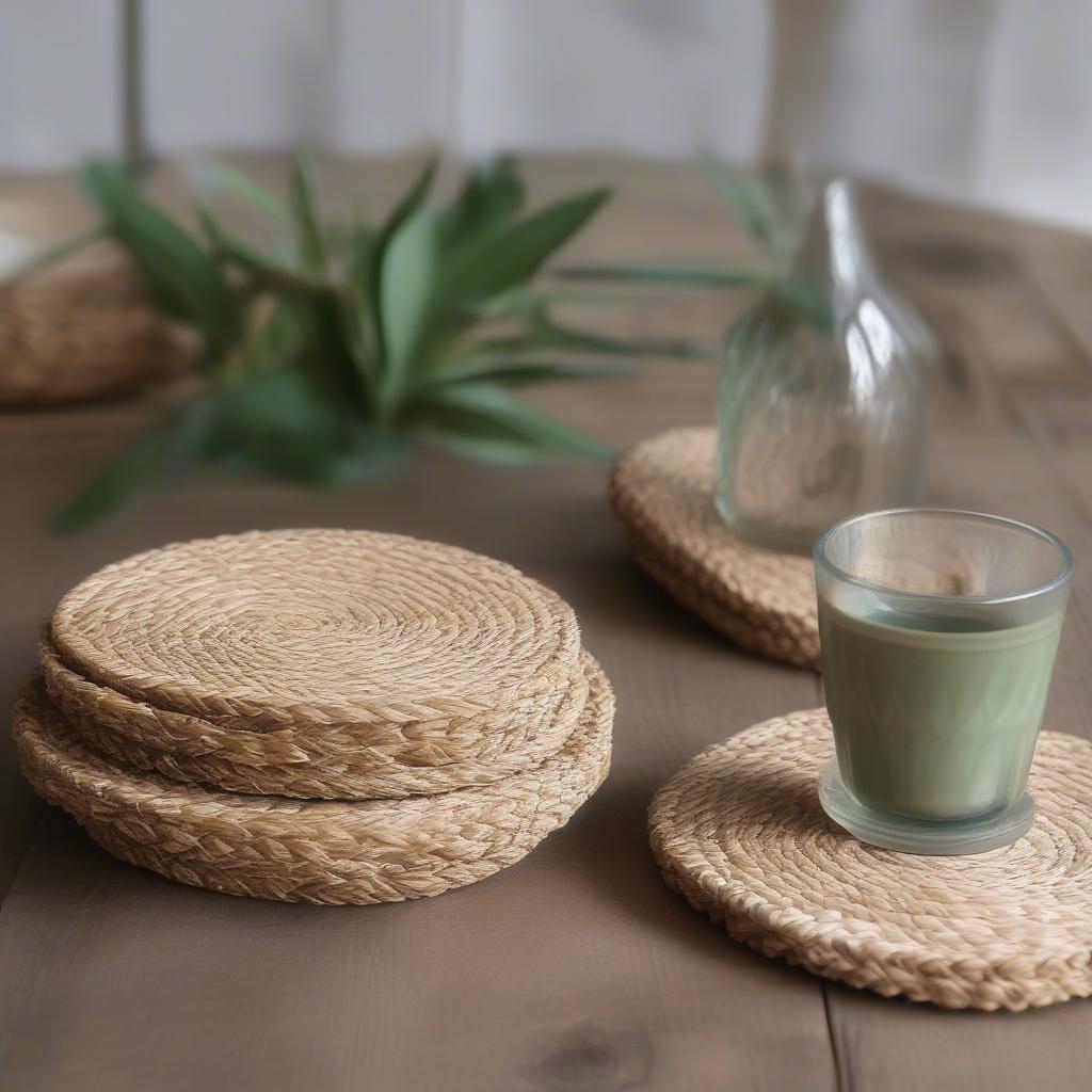 Eco-friendly seagrass coasters displayed on a wooden table, emphasizing their sustainability and natural appeal.