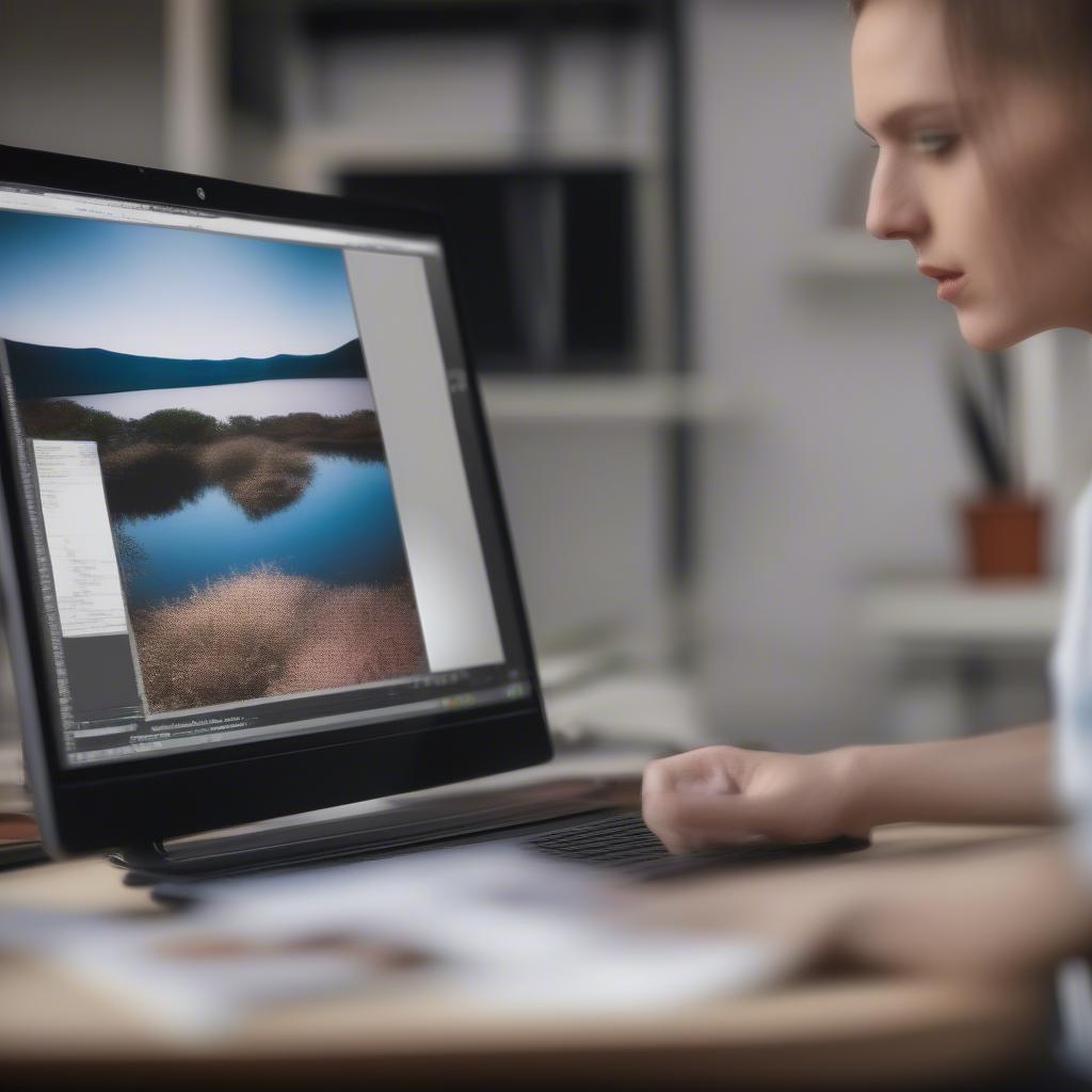 A person editing a photo on a computer screen, preparing it for canvas printing