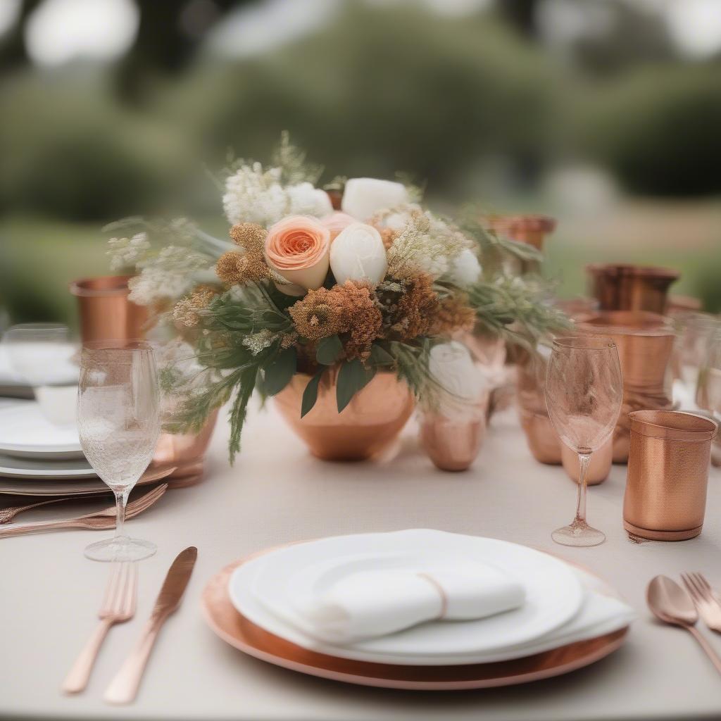 An elegant table setting featuring hammered copper flatware, linen napkins, and delicate floral centerpieces.