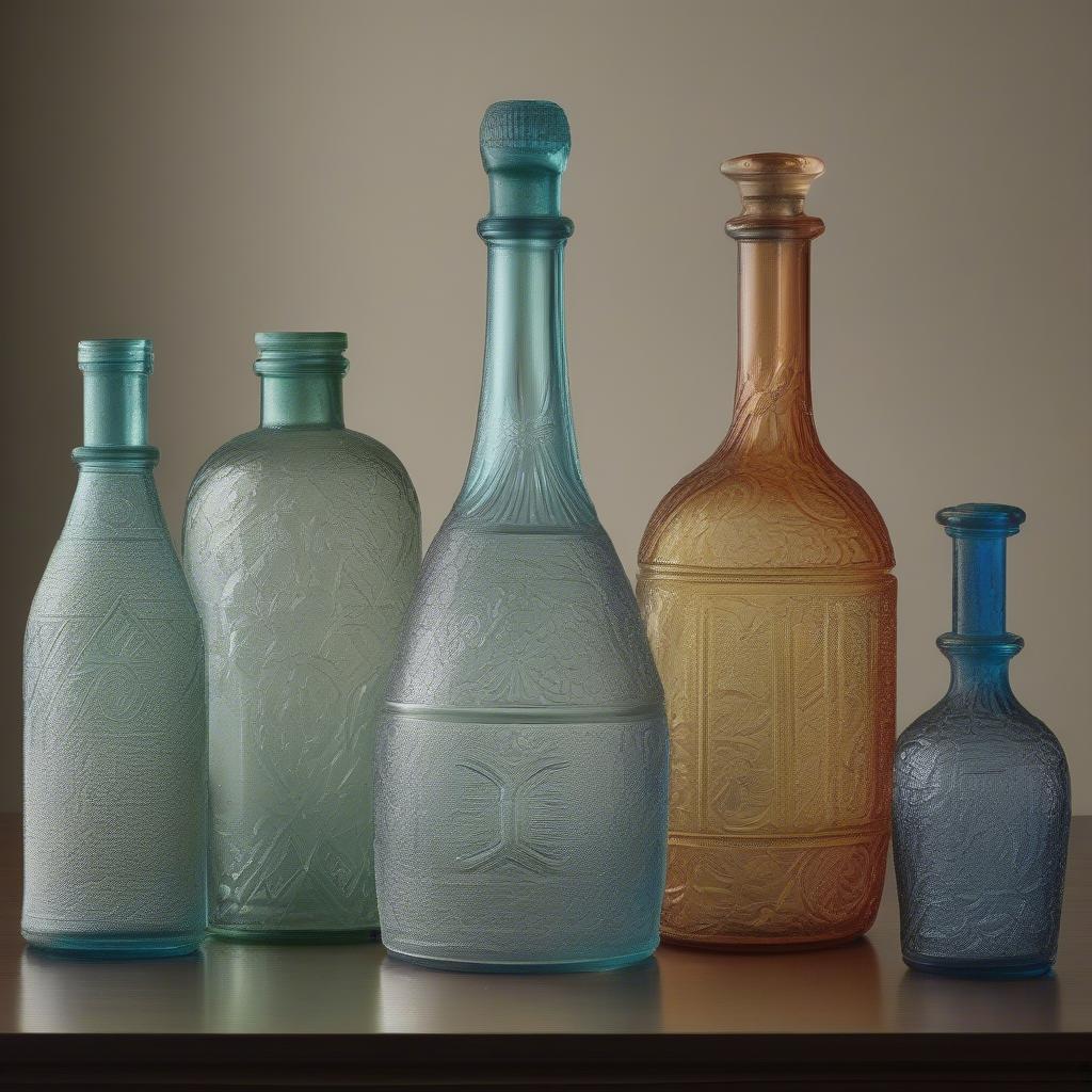 Antique embossed glass bottles showcasing various patterns and textures.