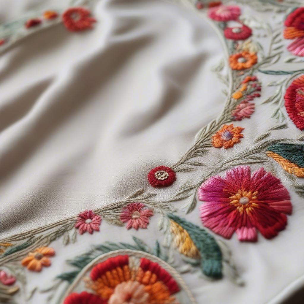 Close-up of an Embroidered Tree Skirt with Intricate Floral Design