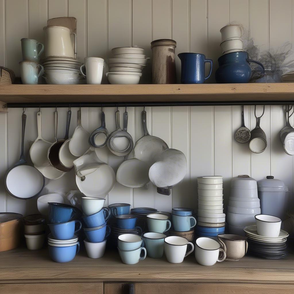 Enamelware Cups in a Rustic Kitchen Setting