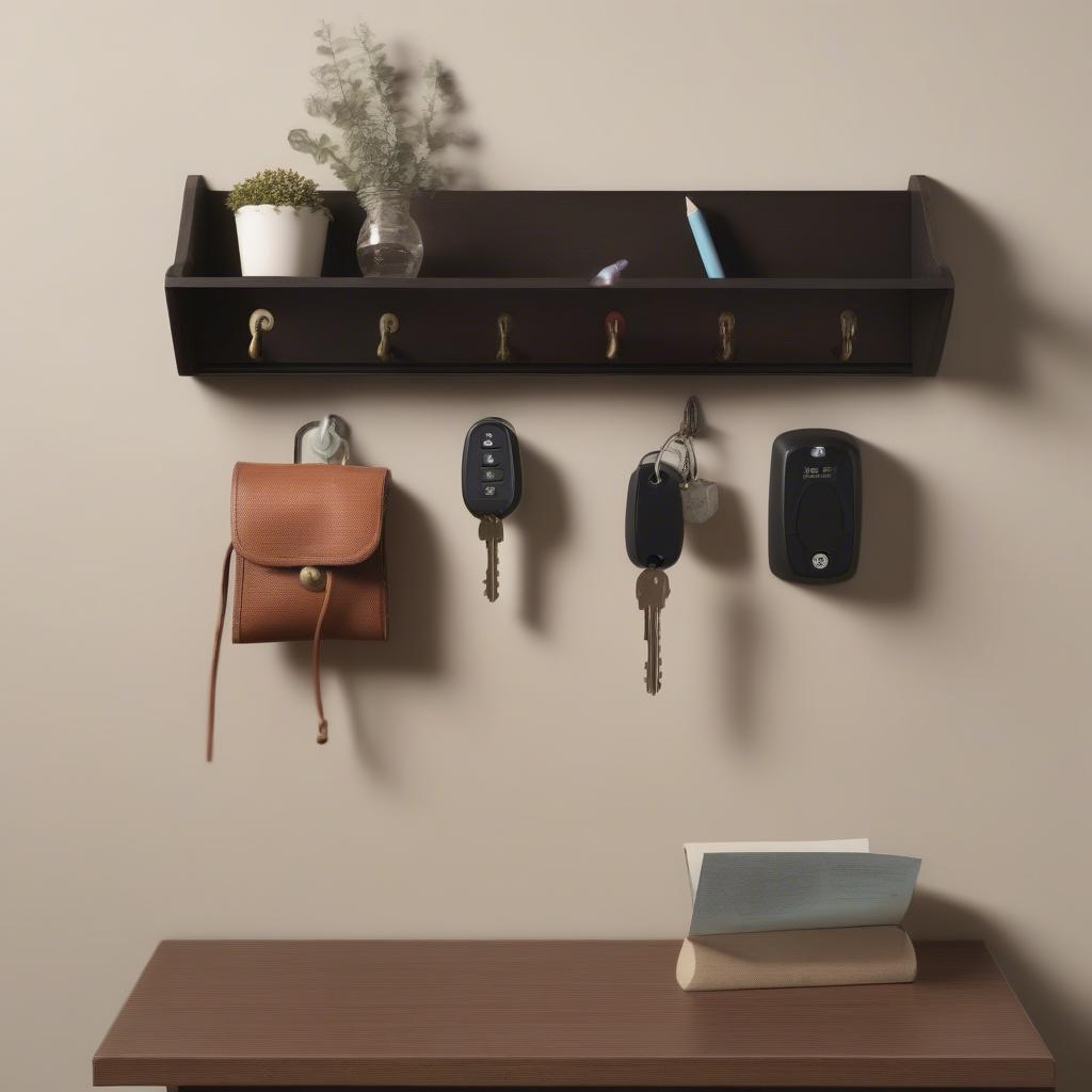 Stylish entryway organization using wall plugins for keys, mail, and other essentials.