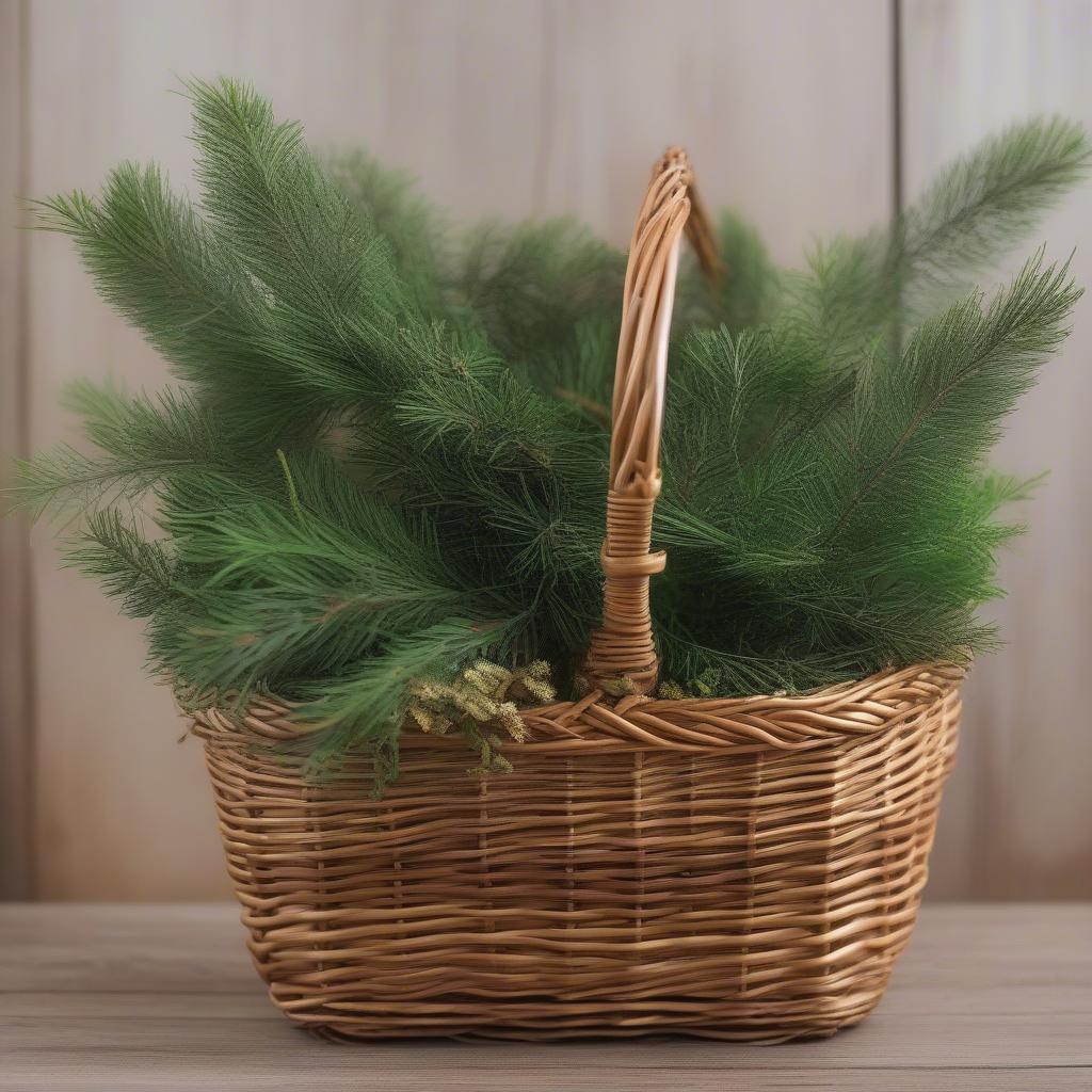 Evergreen spray decorating a wicker basket